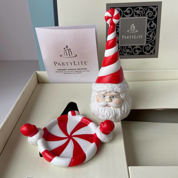 PartyLite Santa Candle Snuffer Holder Gift Set Peppermint Bark Retired w/ Box - Picture 2 of 9